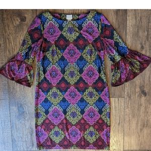 Chico's Sheath Dress Women's Size 0 Purple, Green & Blue Colorful w/ Bell Sleeve